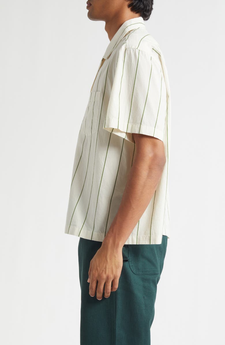 Bode Celery Stripe Short Sleeve Cotton Button-Up Shirt, Alternate, color, Green Cream