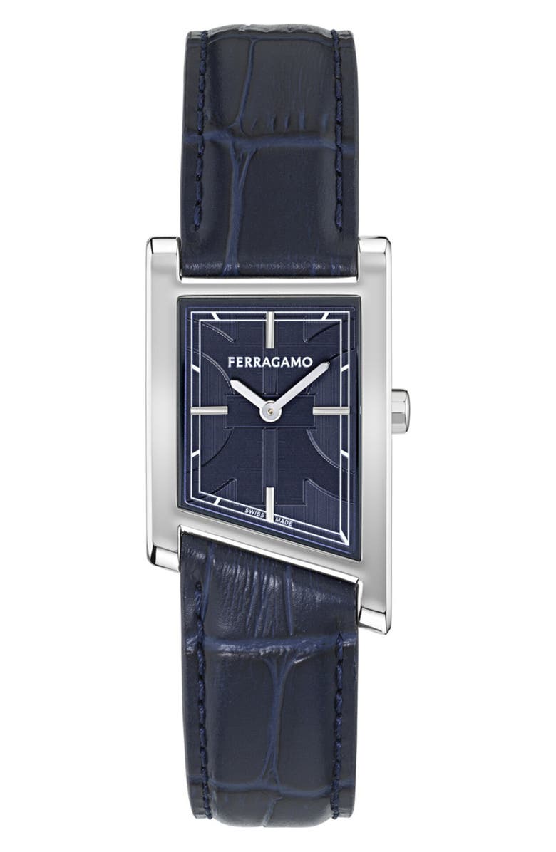 FERRAGAMO Asymetrique Leather Strap Watch, 24mm x 39mm, Main, color, 