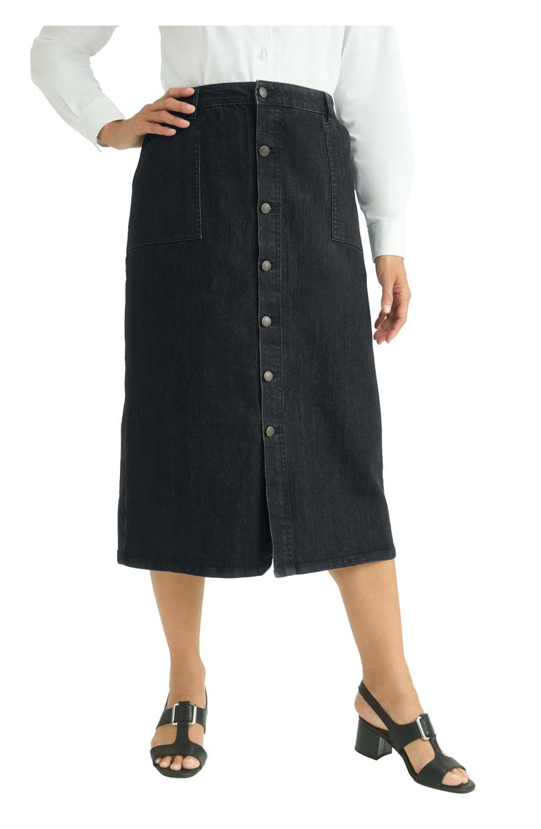 Jessica London True Fit Button-Front Midi Skirt, Main, color, Black