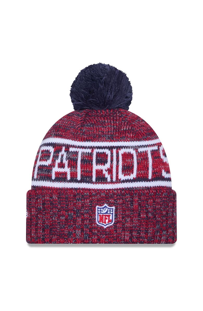 New Era Men's New Era Red New England Patriots 2025 Sideline Cold Weather Cuffed Knit Hat with Pom, Alternate, color, 