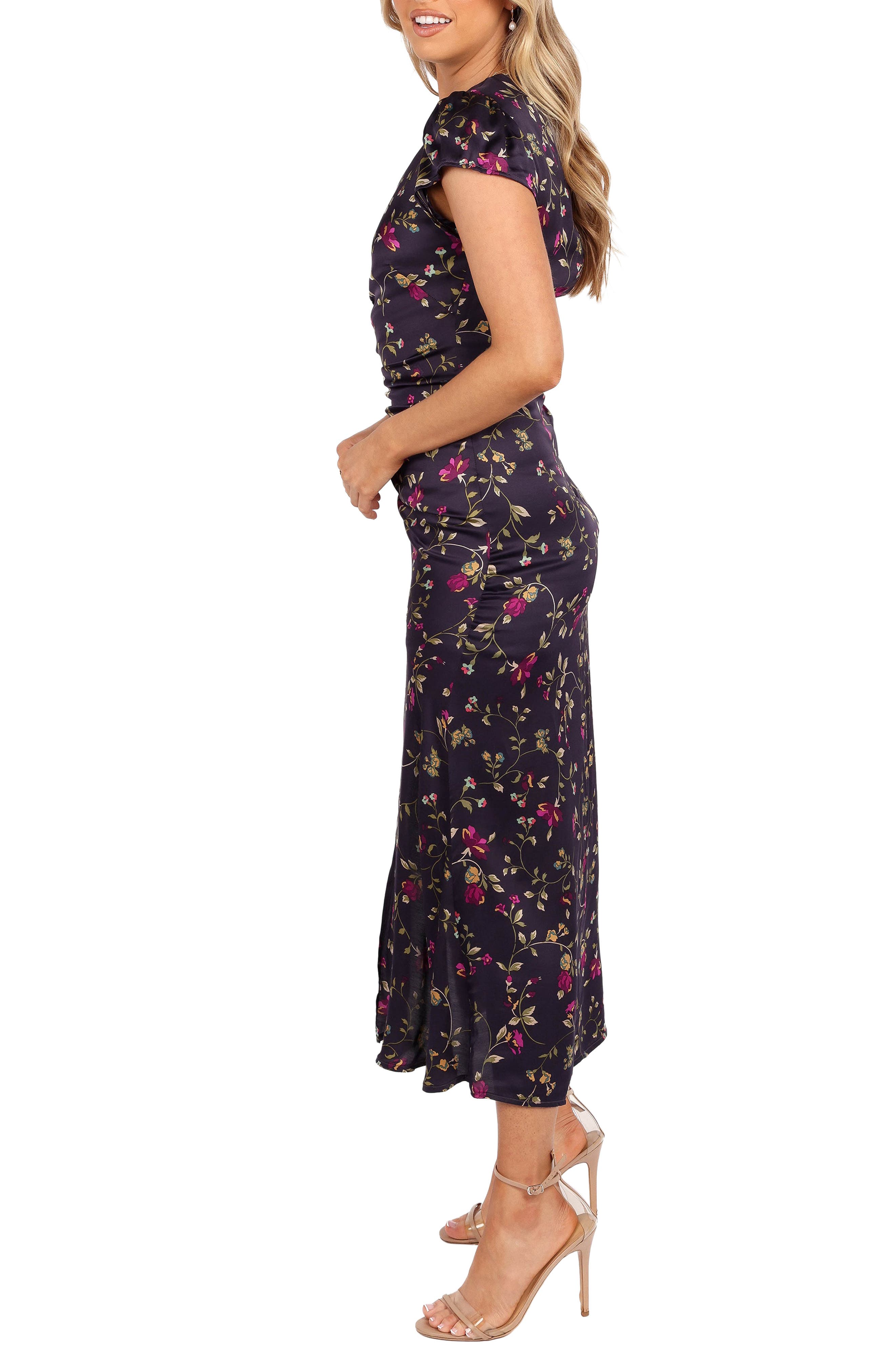 lisbeth midi dress blue floral Petal & Pup Cap Sleeve Satin (Women) Wedding dress