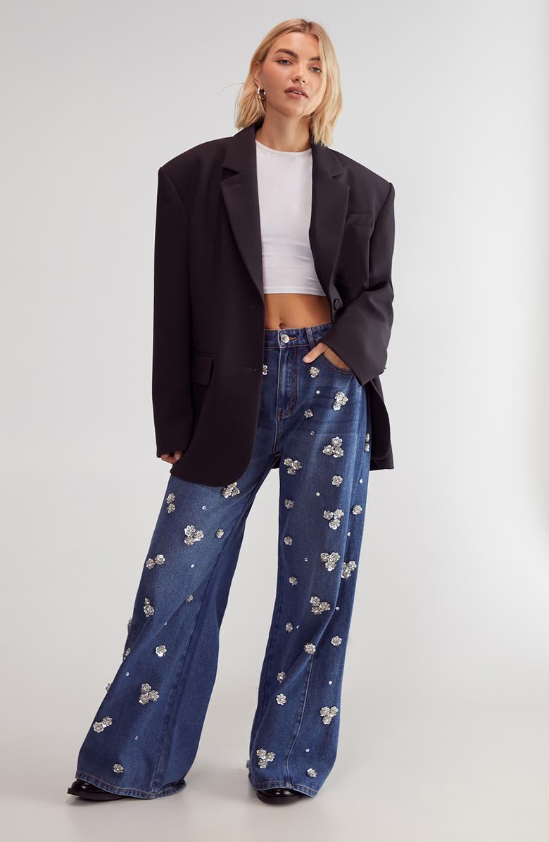 NASTY GAL Floral Embellished Wide Leg Jeans, Alternate, color, Authentic Denim