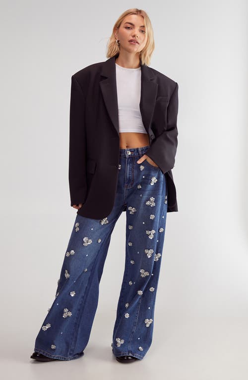Nasty Gal Floral Embellished Wide Leg Jeans In Authentic Denim