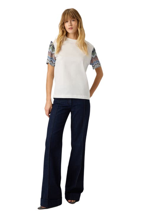 Cotton Jersey Crewneck T-shirt With Contrast Sleeves