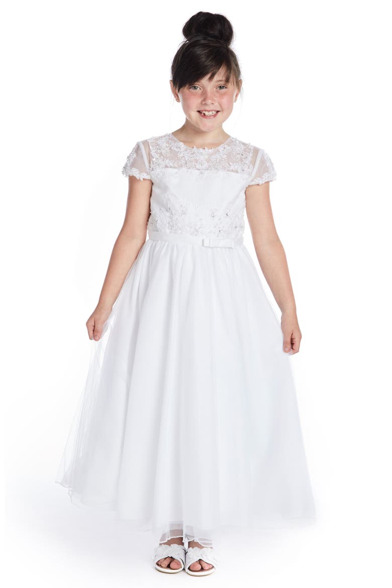 Beaded Lace Bodice First Communion Dress, Main, color, WHITE