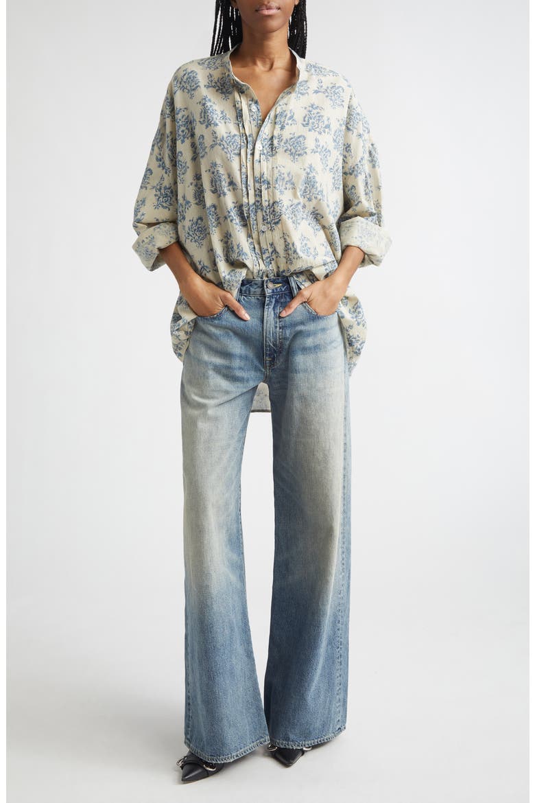 Pleated Front Floral Button-Up Shirt, Alternate, color, BLUE WITH WHITE FLORAL