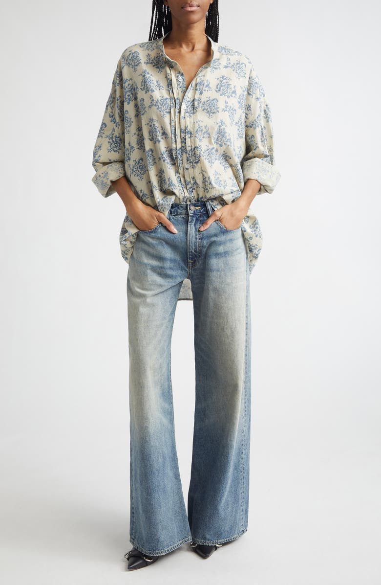 R13 Pleated Front Floral Button-Up Shirt, Alternate, color, Blue With White Floral