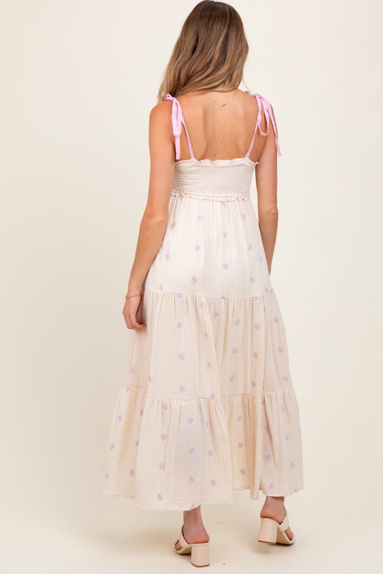 Embroidered Smocked Shoulder Tie Maxi Dress, Alternate, color, Cream