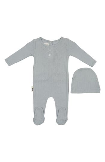 Maniere Manière Pointelle Footie & Beanie Set In Blue
