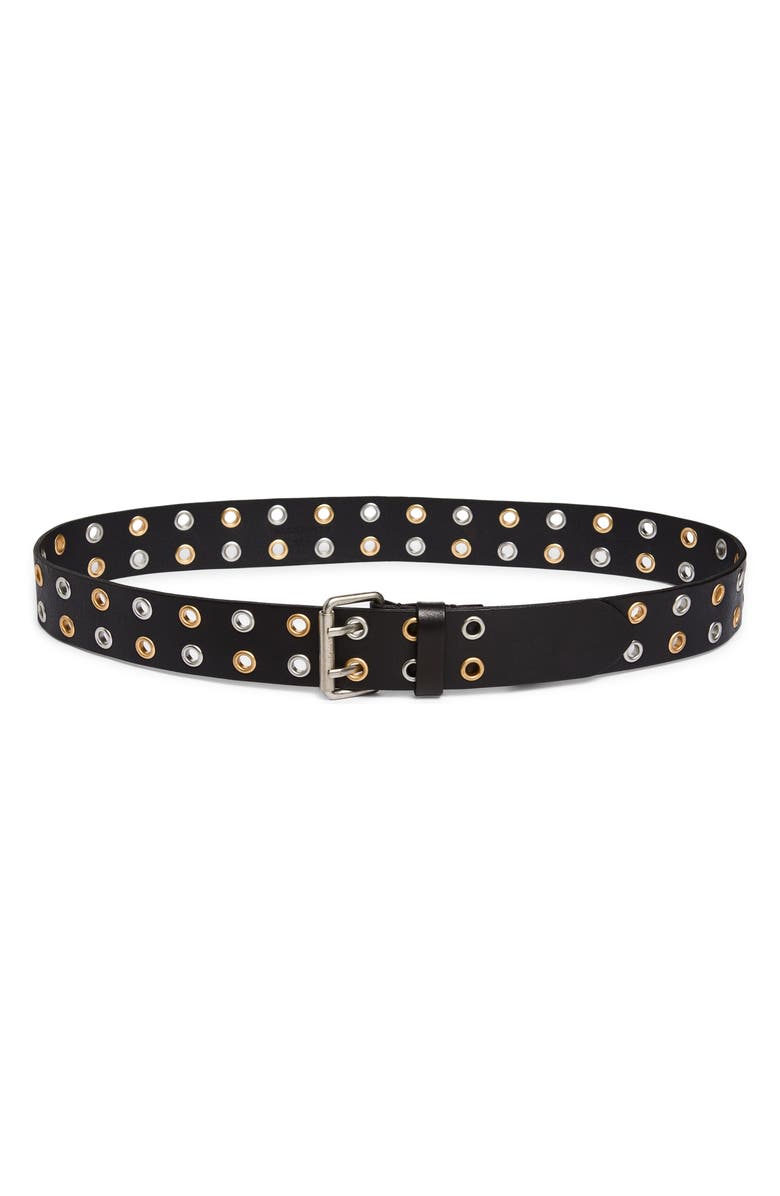 AllSaints Double Prong Belt, Main, color, Black/Warm Brass/Antiq Nickel