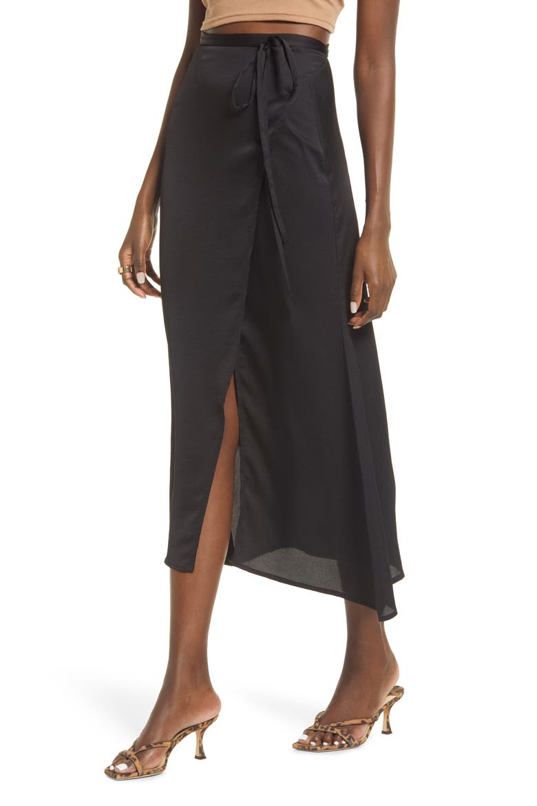 Satin Wrap Skirt, Main, color, BLACK