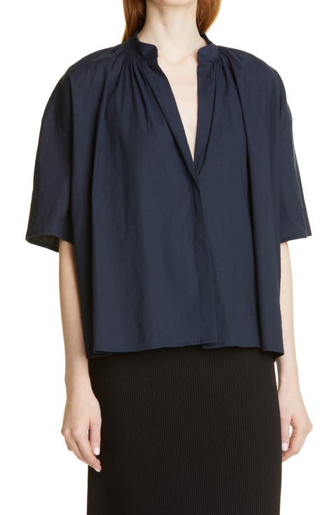 Shirred Band Collar Linen Blend Blouse