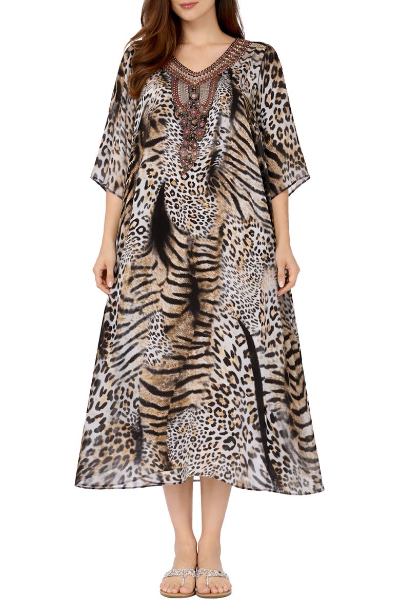 RANEES V-Neck Long Caftan, Main, color, Brown