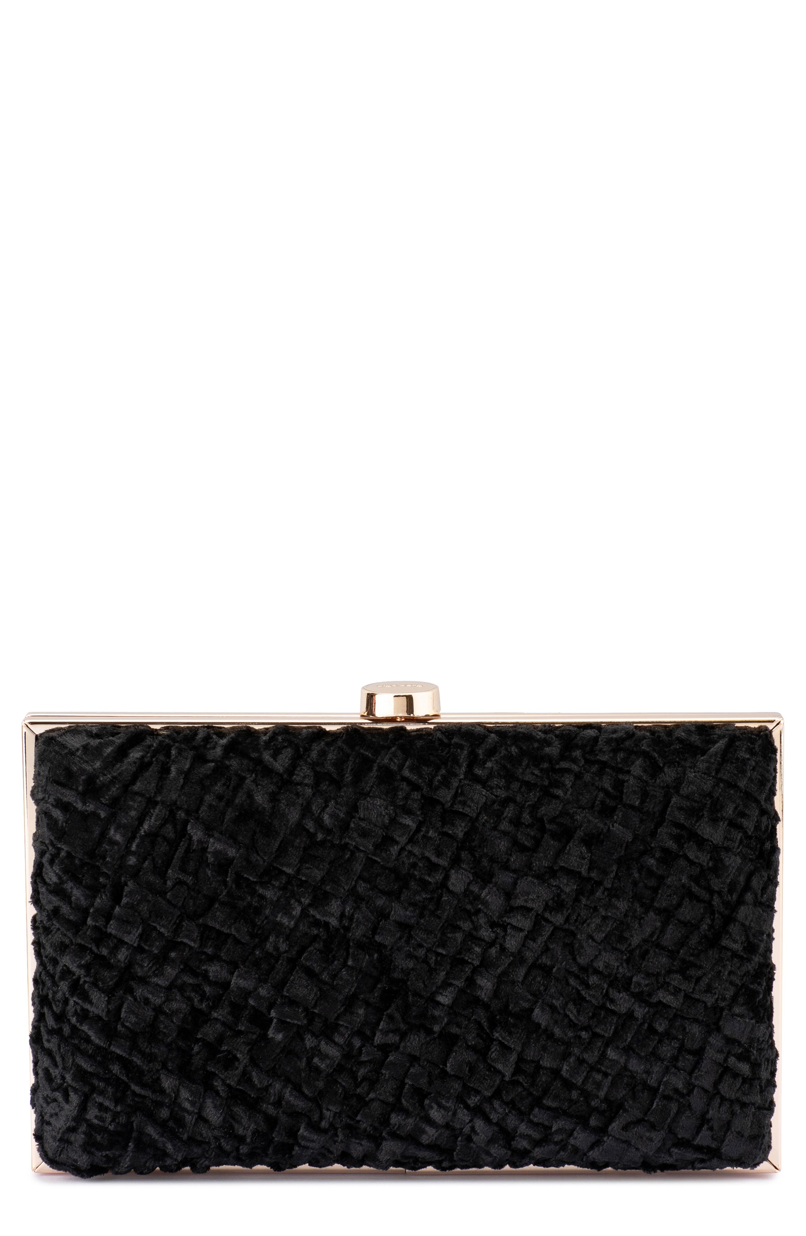 Olga Berg Hazel Textured Velvet Frame Clutch, Main, color, Black