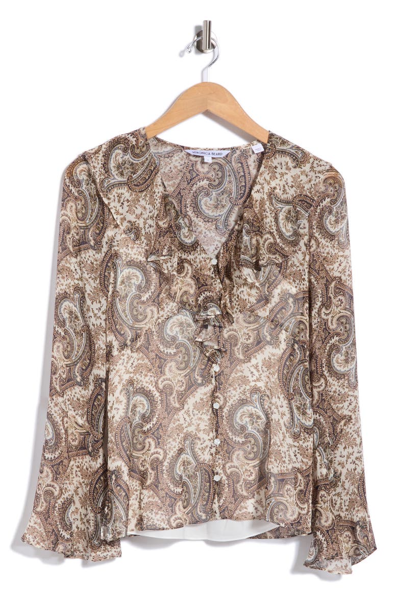 Kyrie Ruffle Bell Sleeve Silk Button-Up Shirt, Main, color, DOVE MULTI