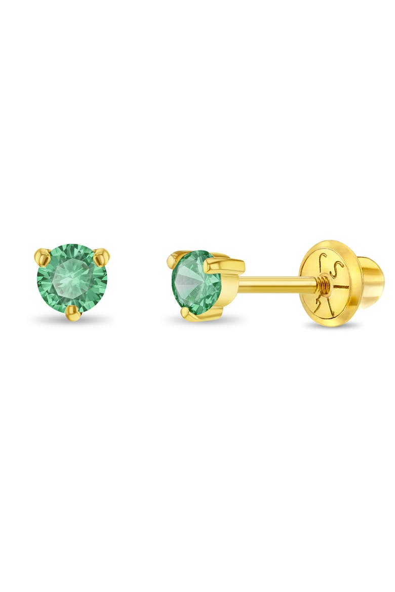14k Three Pronged Emerald Girl Earrings, Main, color, Green