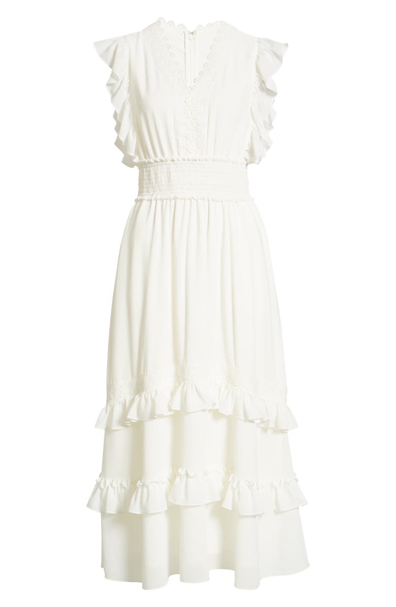 Tahari ASL Ruffle & Lace Tiered Midi Dress, Alternate, color,