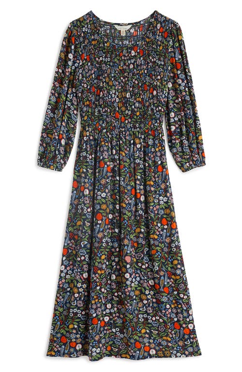 Seasalt Cornwall Meadowsweet Floral Smocked Long Sleeve Midi Dress In Black