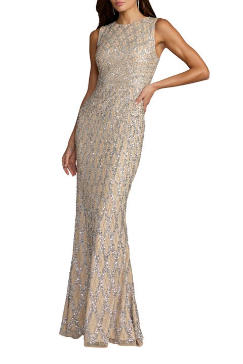 Women's Sleeveless Ombre Beaded High Neck Column Gown