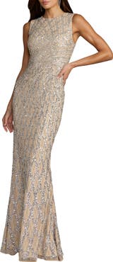 Mac Duggal Women's Sleeveless Ombre Beaded High Neck Column Gown