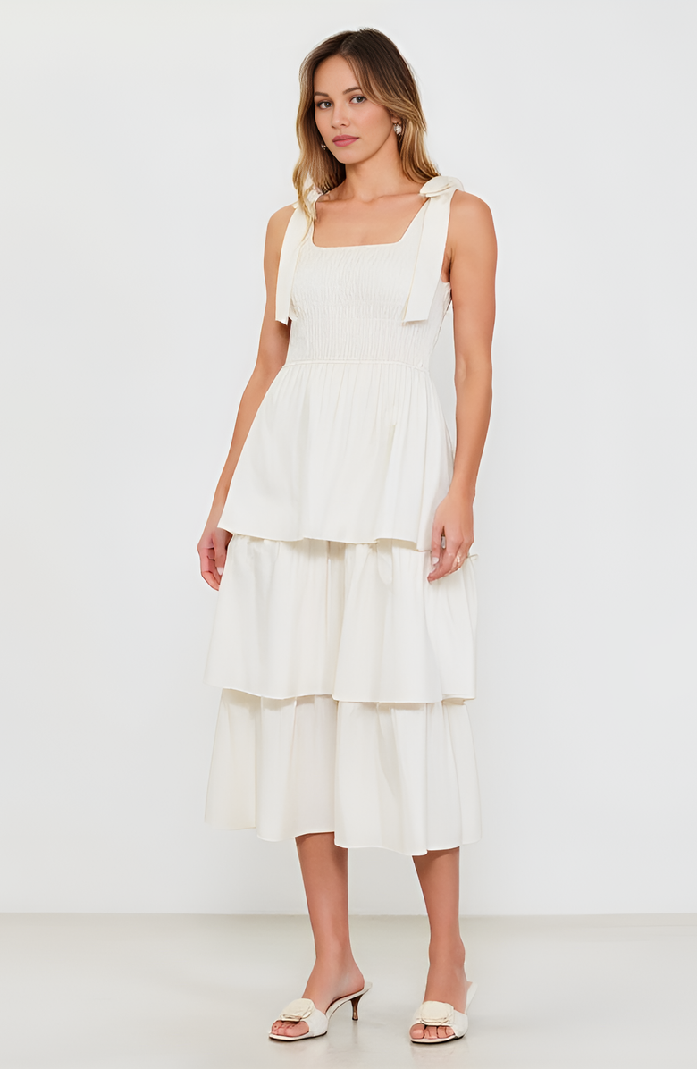 Modenaire Tiered Smocked Midi Dress with Bow-Tie Shoulder Straps, Alternate, color, White