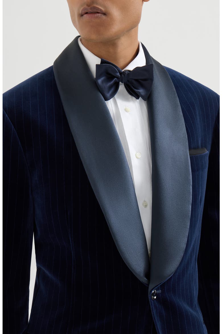 Cotton chalk stripe velvet tuxedo jacket with shawl lapels, Alternate, color, Navy Blue