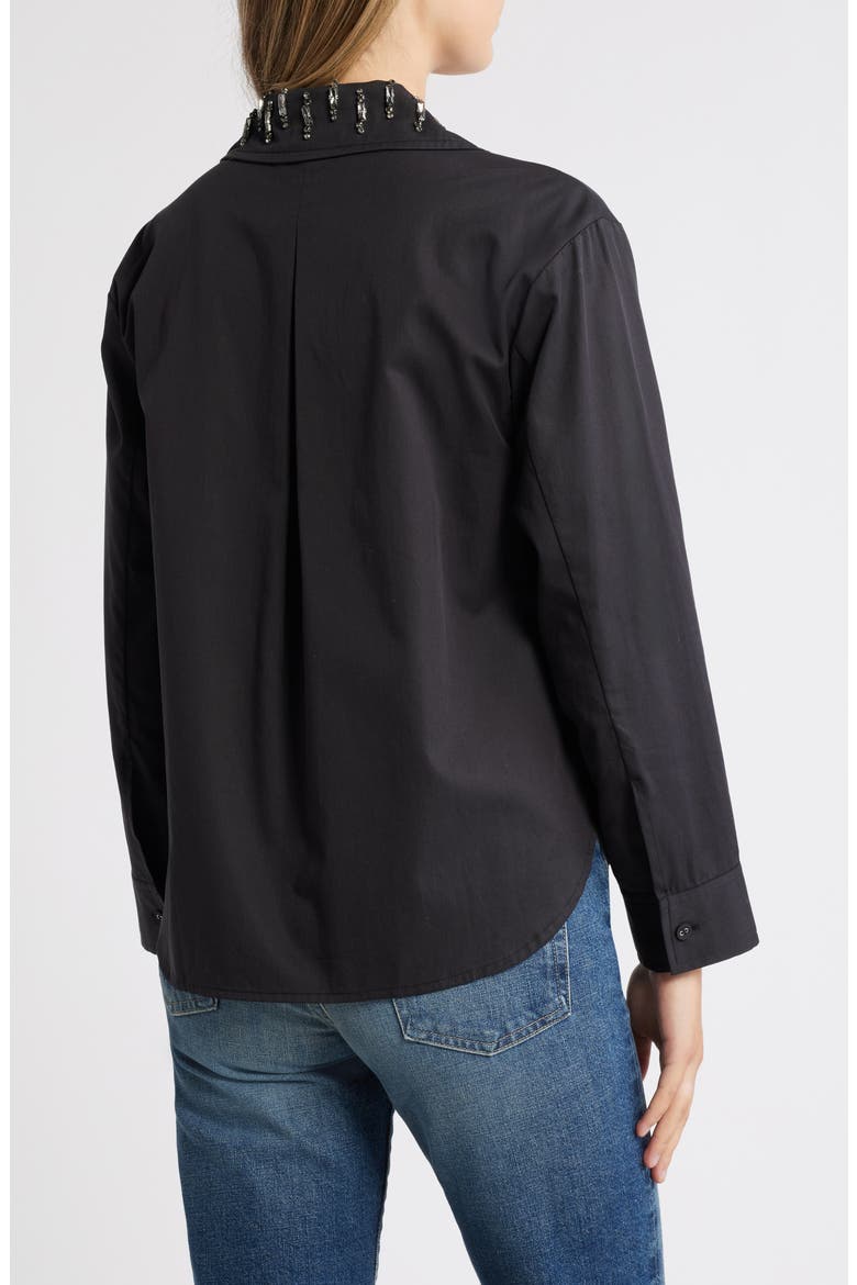 Beaded Collar Cotton Blend Button-Up Shirt, Alternate, color, BLACK