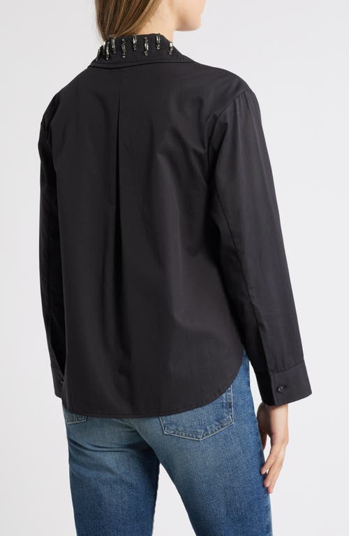 Wit & Wisdom Beaded Collar Cotton Blend Button-up Shirt In Black