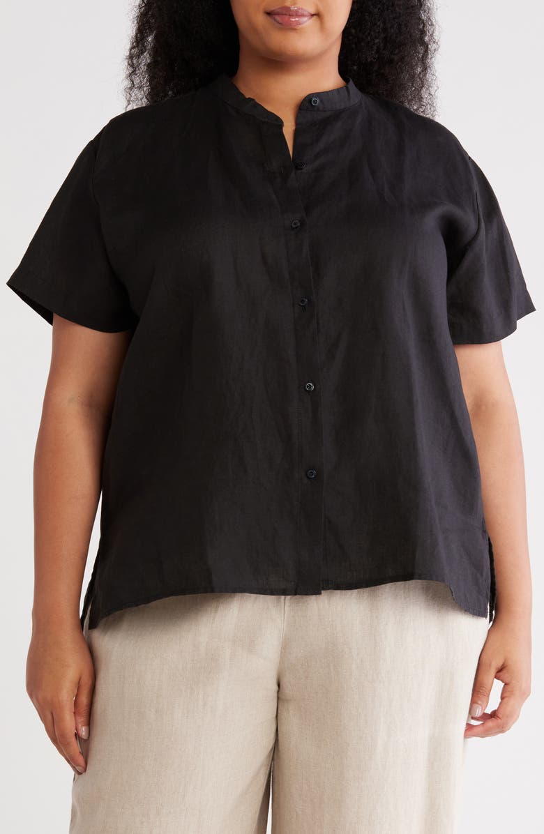 Eileen Fisher Band Collar Short Sleeve Organic Linen Button-Up Shirt, Main, color,