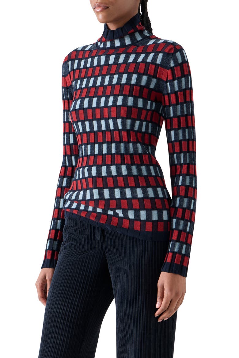 Intarsia Check Wool Turtlenck Sweater, Alternate, color, NAVY-RUSTY RED-LIGHT