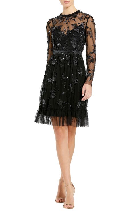 Beaded Floral Long Sleeve Cocktail Minidress