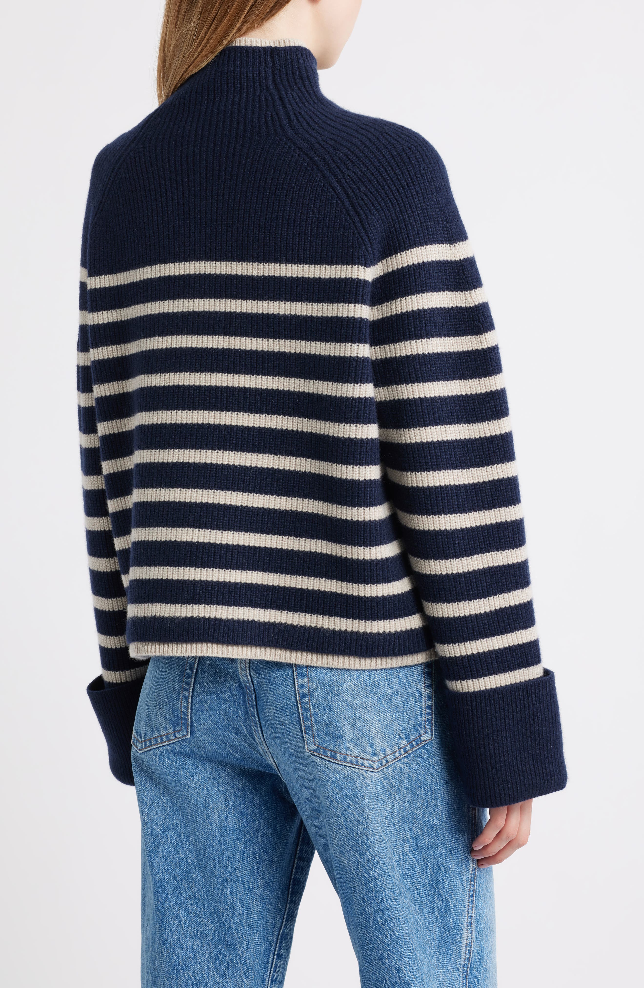 Stripe Wool Cuff Sleeve Funnel Neck Sweater - image 2