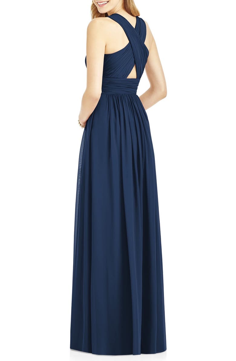 After Six Crisscross Back Ruched Chiffon V-Neck Gown, Alternate, color, 