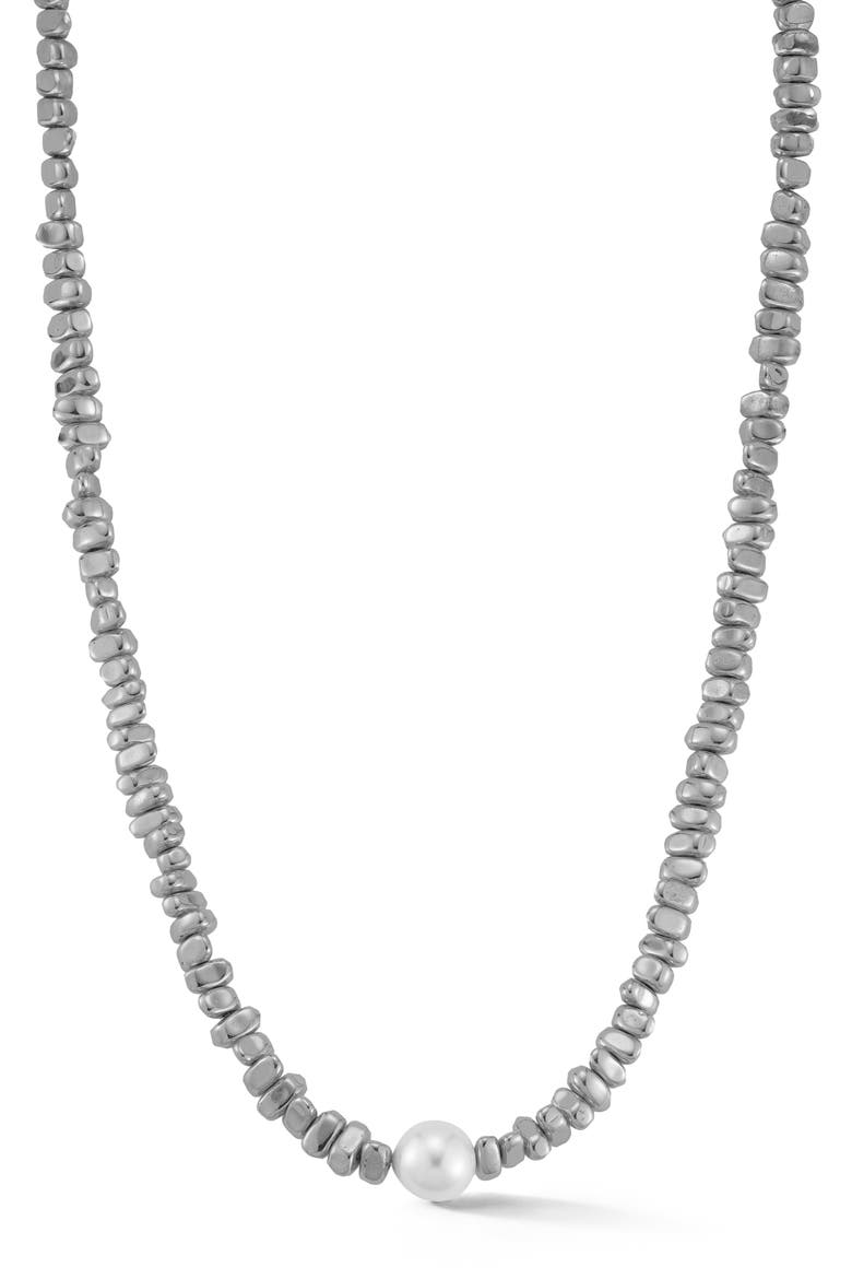Nugget Bead & Faux Pearl Necklace, Main, color, SILVER