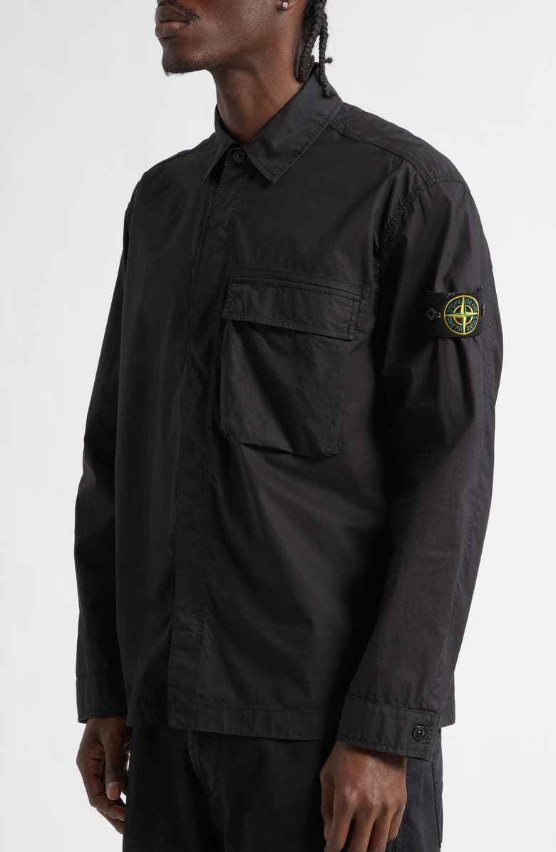 Stone Island Compass Patch Stretch Cotton Canvas Overshirt, Alternate, color, Black