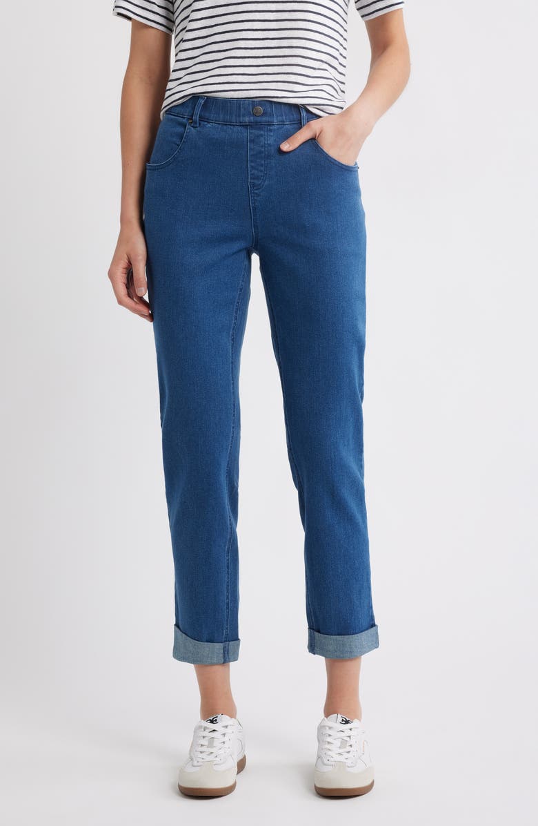 Hue High Waist Cuffed Straight Leg Denim Leggings, Main, color, Medium Wash