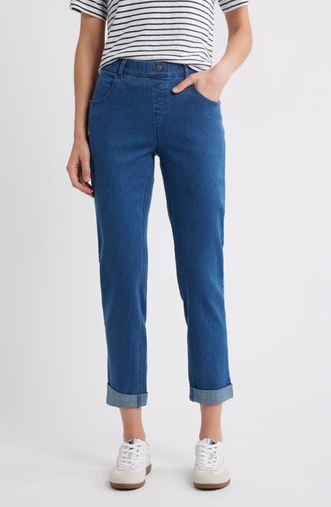 High Waist Cuffed Straight Leg Denim Leggings