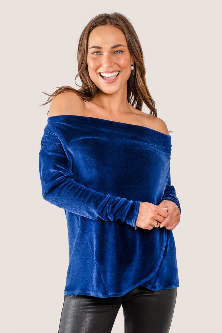 Sweater Weather Built-In Shelf Off-The-Shoulder Velour Long Sleeve Top, Alternate, color, Sapphire