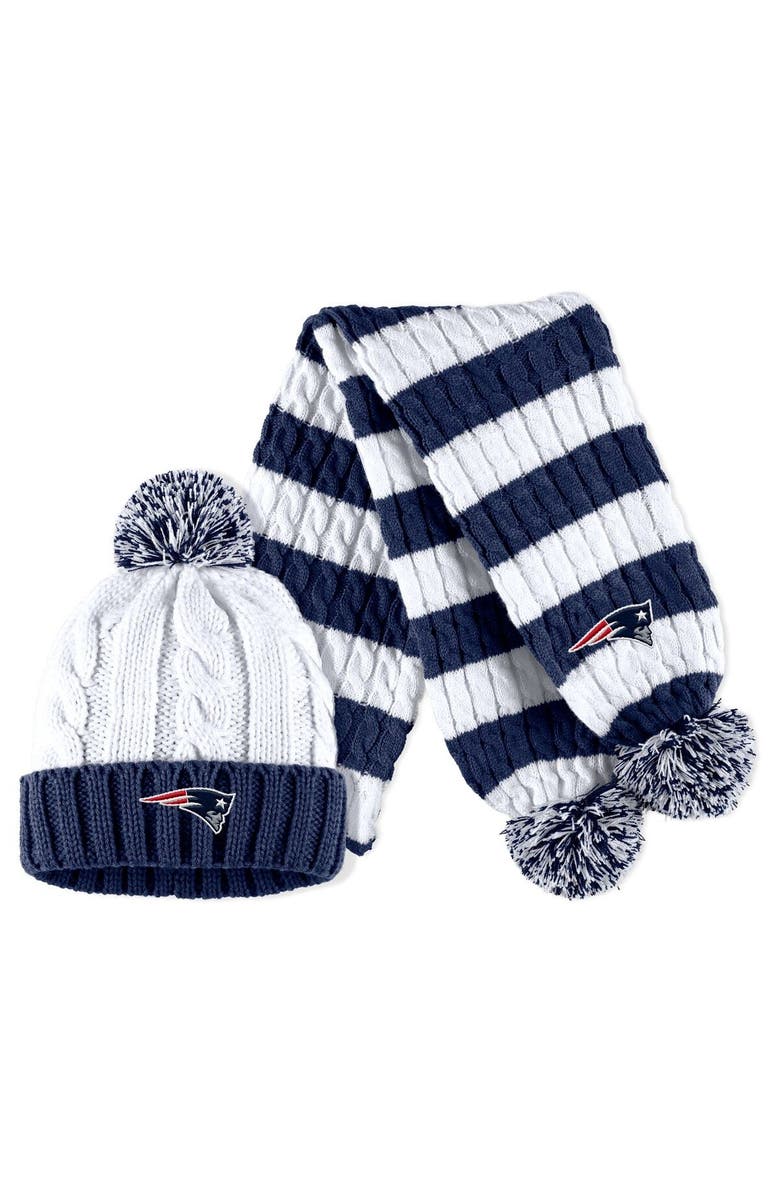 WEAR by Erin Andrews Women's WEAR by Erin Andrews  Navy/White New England Patriots Cable Stripe Cuffed Knit Hat with Pom and Scarf Set, Main, color, 