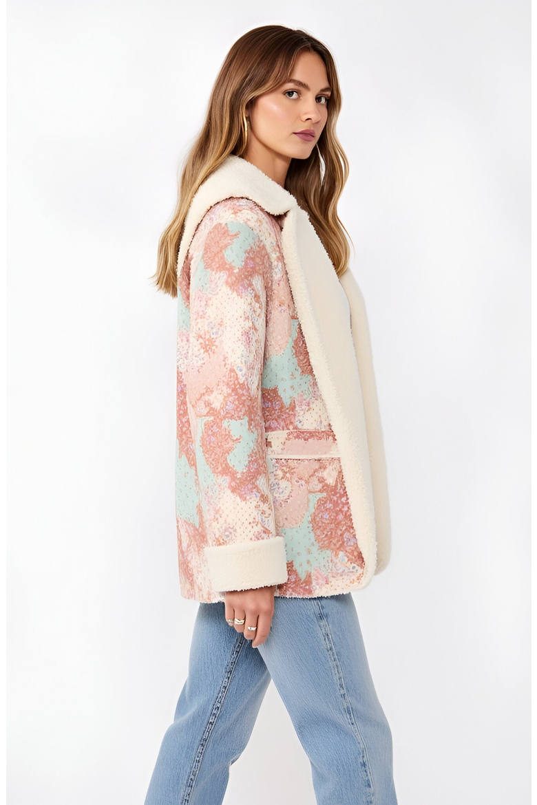 Floral Patchwork Plush Trim Oversized Hood Fleece Jacket, Alternate, color, Floral Patchwork
