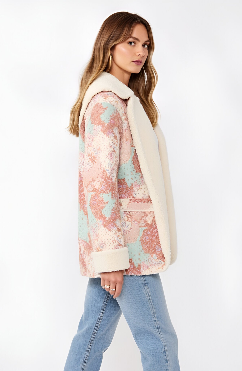 Modenaire Floral Patchwork Plush Trim Oversized Hood Fleece Jacket, Alternate, color, 