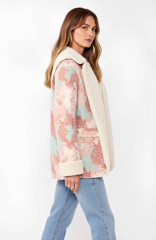 Modenaire Floral Patchwork Plush Trim Oversized Hood Fleece Jacket In Pink