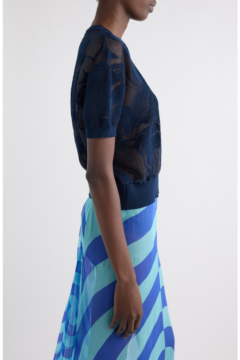 Floral Pattern Mixed Stitch Crewneck Sweater, Alternate, color, NAVY