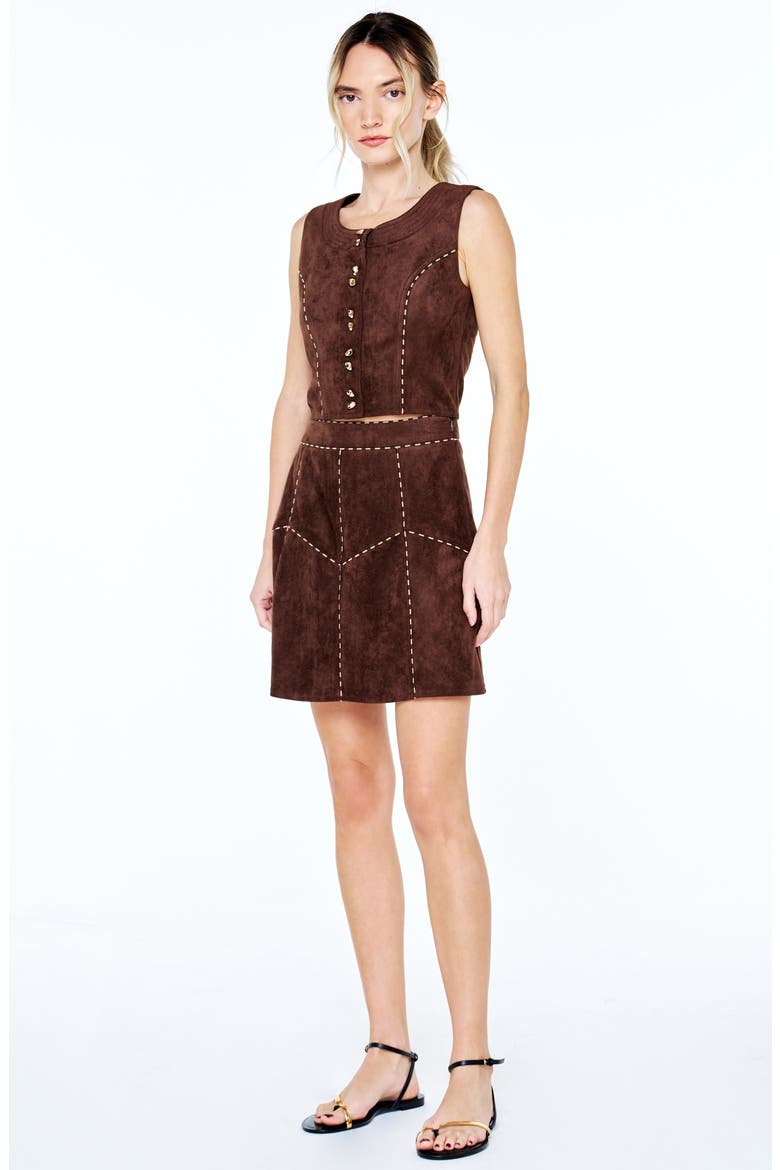 Eris Whipstitched Faux Suede Miniskirt, Alternate, color, FUDGE BROWN