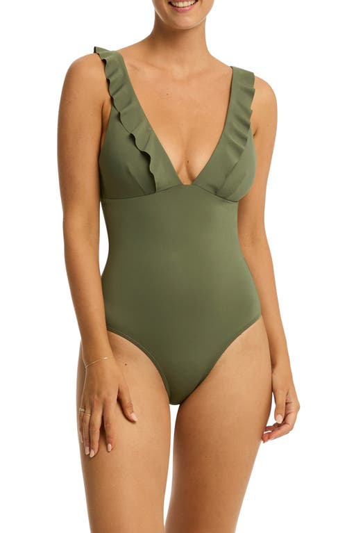 Sea Level Frill One-Piece Swimsuit in Khaki 