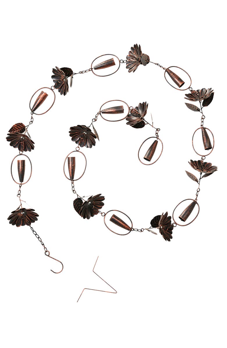 Glitzhome 8.5ft 20-Piece Faux Copper Lotus Flower and Bell Shaped Rain Chain with V-Shaped Gutter Clip, Alternate, color, Brown