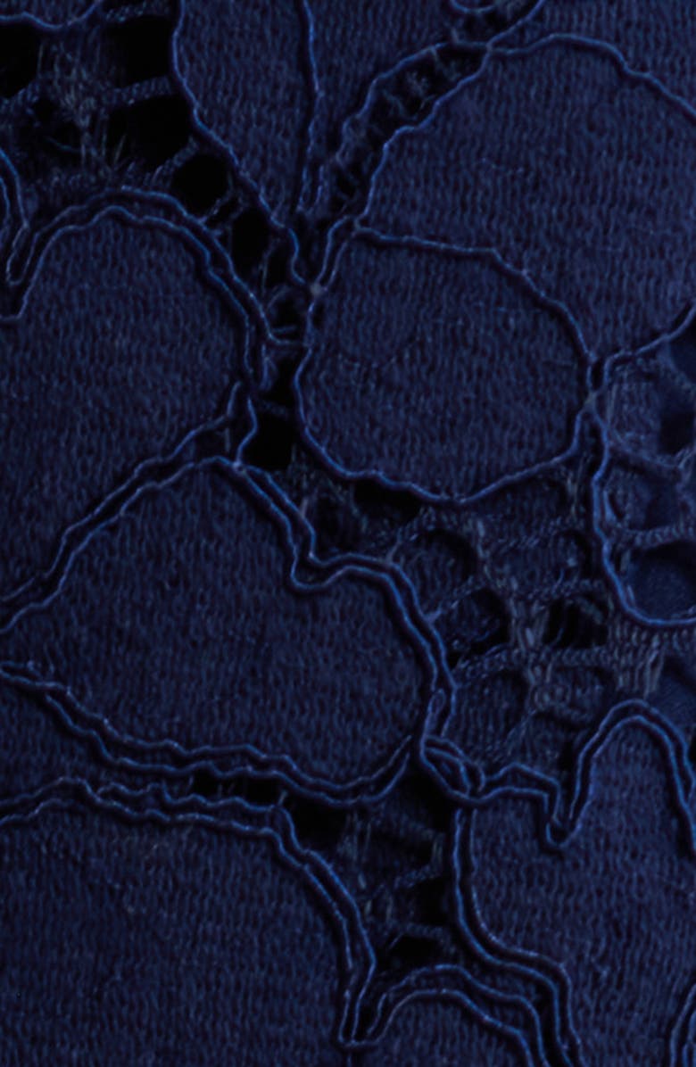 Tahari ASL Faux Pearl & Rhinestone Detail Floral Lace Cocktail Midi Dress, Alternate, color, Navy