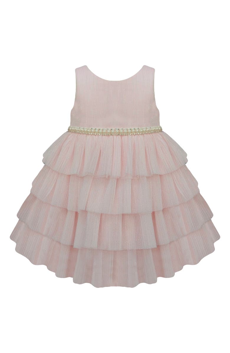 AMERICAN PRINCESS Embellished Tiered Party Dress & Bloomers, Main, color, Peachy Pink