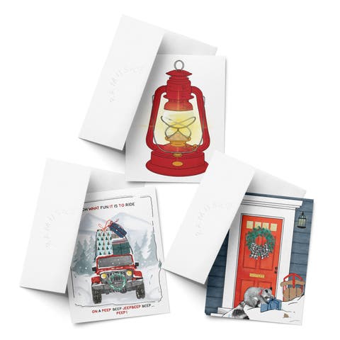 Winter Jeep, Lamp, Racoon Gift Winter/Holiday/Christmas Greeting Card Pack Sets (3 ct, Assorted)