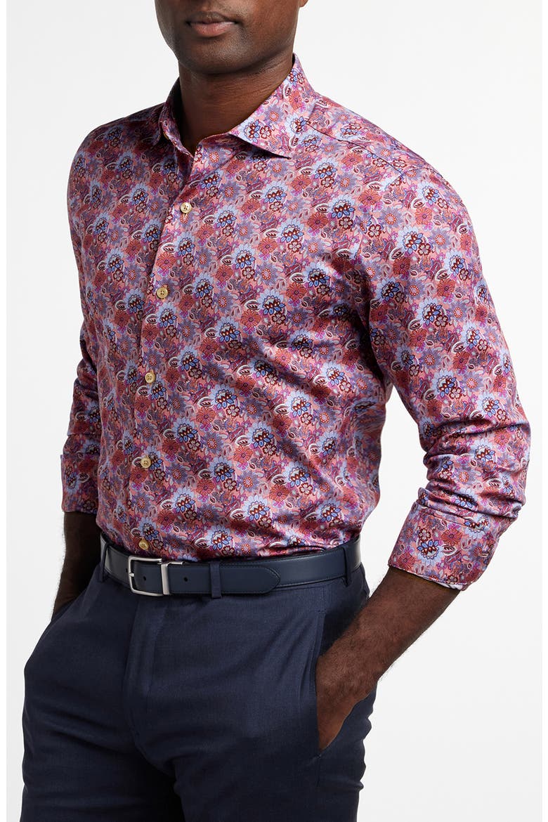 Floral Print Sport Shirt, Alternate, color, PINK/ MERLOT